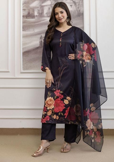 Black Abstract Print Silk Kurta Set