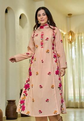 Peach Abstract Print Cotton Kurta Set