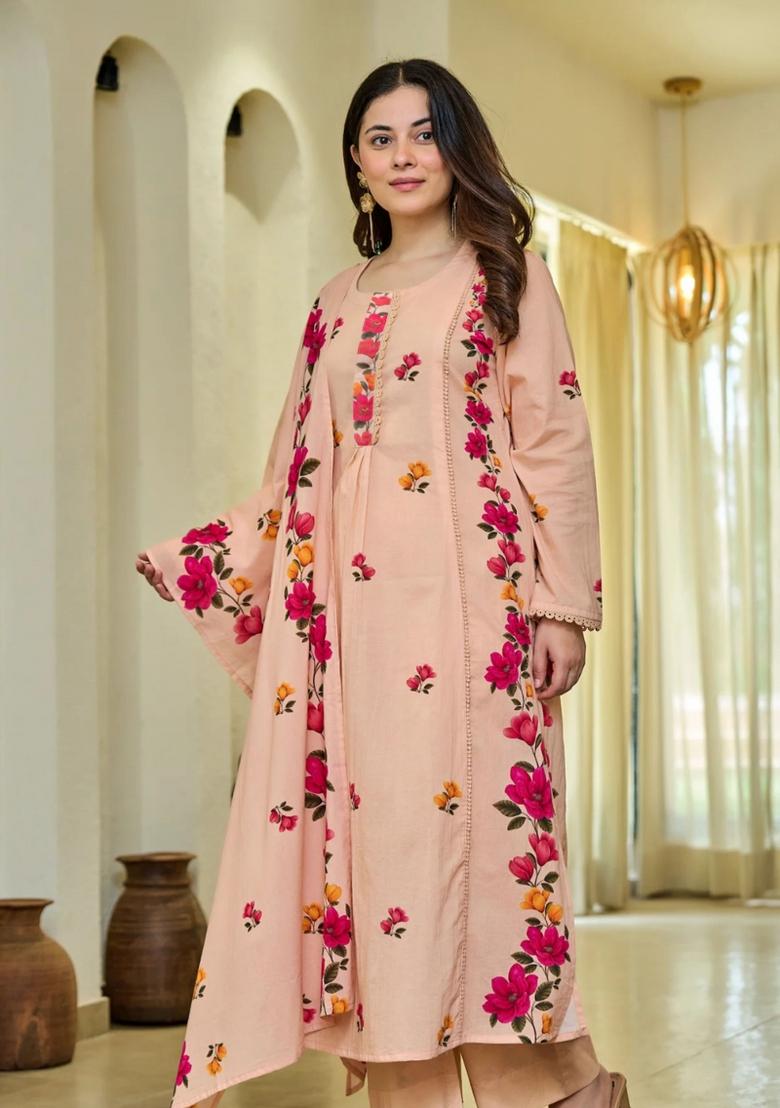 Peach Abstract Print Cotton Kurta Set - Indya