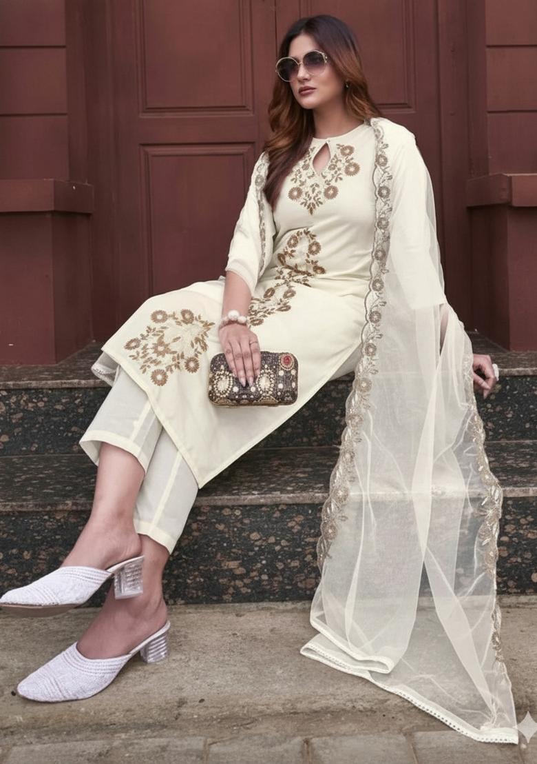 Off White Embroidery Silk Kurta Set - Indya