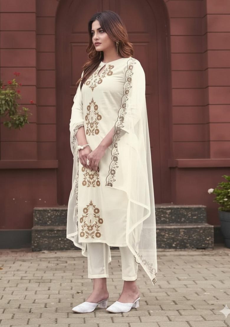 Off White Embroidery Silk Kurta Set - Indya