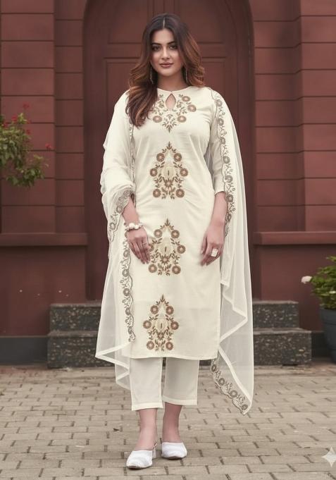 Off White Embroidery Silk Kurta Set