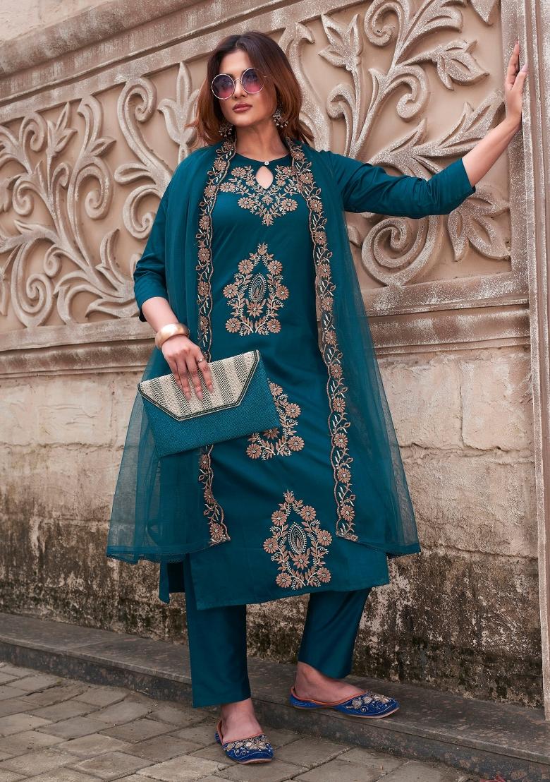 Green Embroidery Silk Kurta Set - Indya