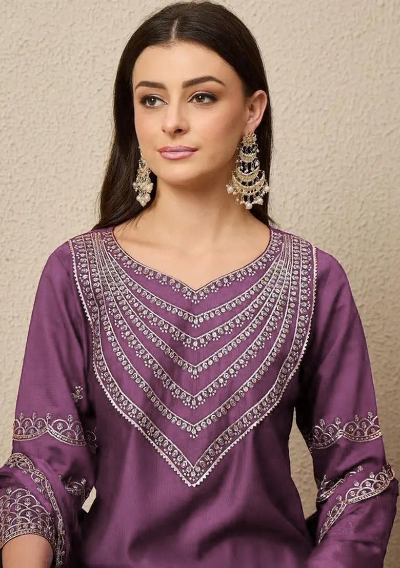 Purple Embroidery Silk Kurta Set - Indya