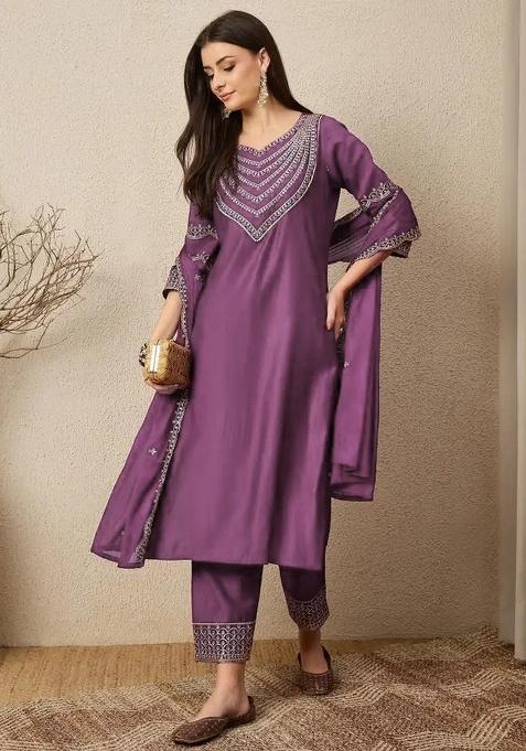 Purple Embroidery Silk Kurta Set