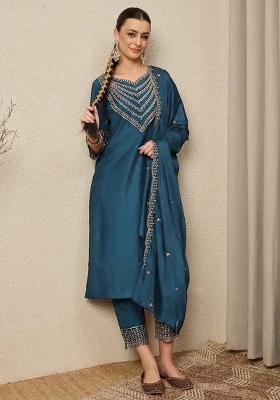 Green Embroidery Silk Kurta Set