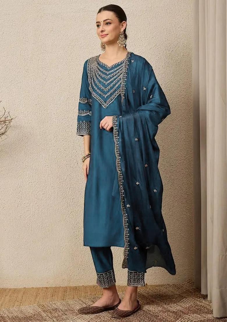 Green Embroidery Silk Kurta Set - Indya