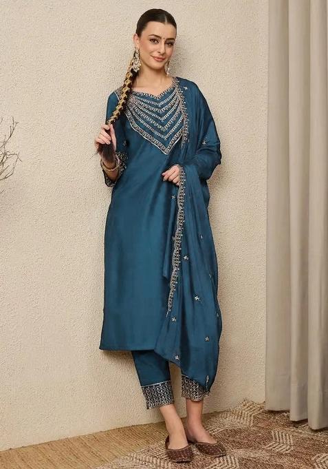 Green Embroidery Silk Kurta Set