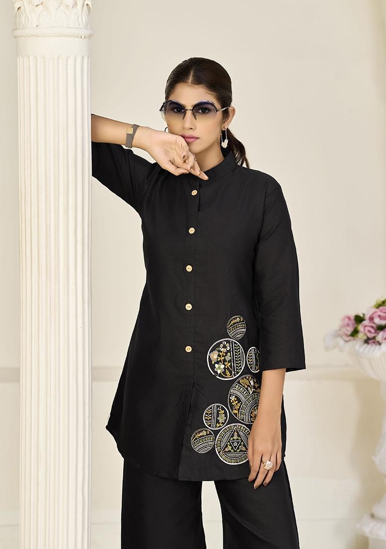 Black Embroidery Silk Kurta With Dupatta - Indya