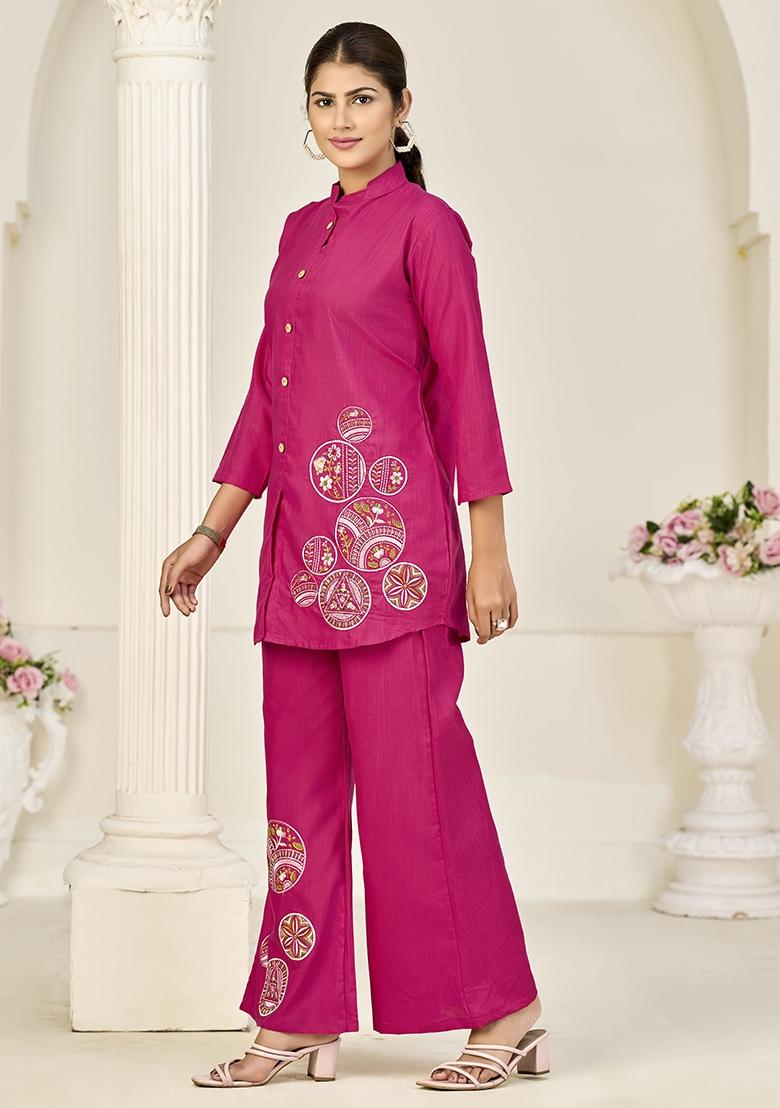 Pink Embroidery Silk Kurta With Dupatta - Indya
