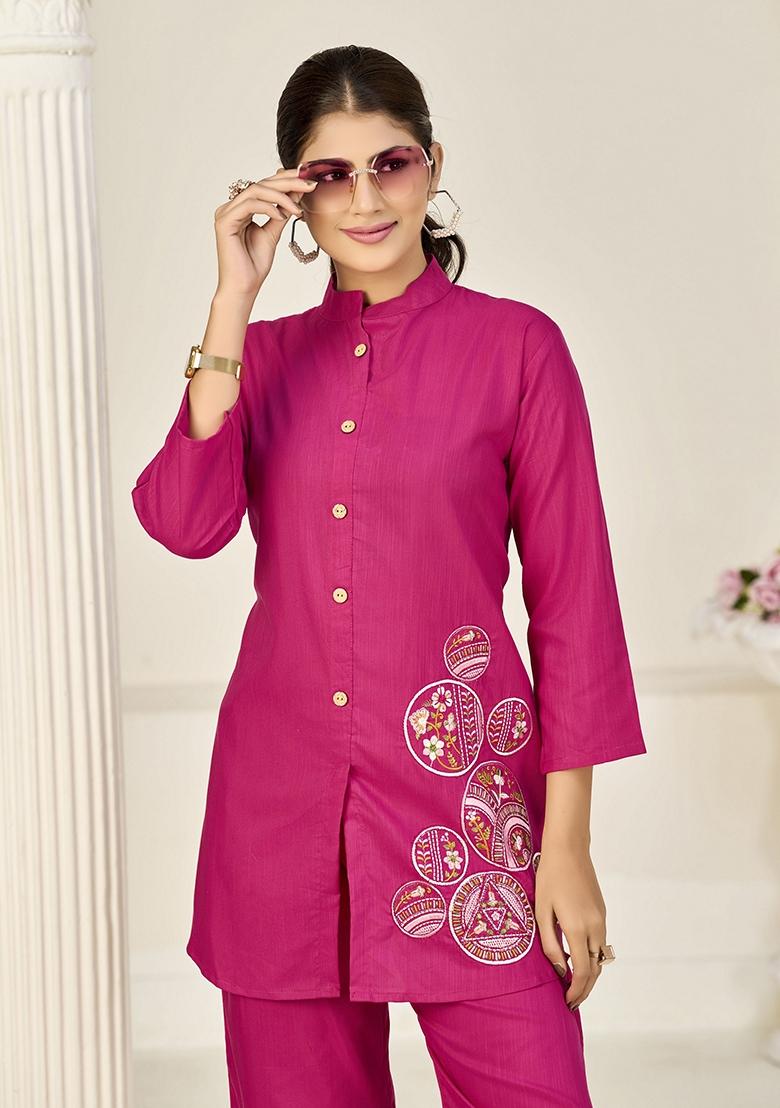Pink Embroidery Silk Kurta With Dupatta - Indya