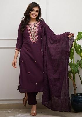 Wine Embroidery Silk Kurta Set