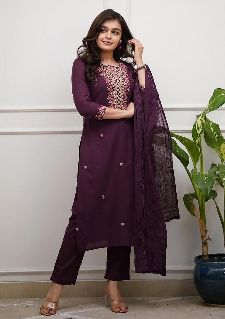 Wine Embroidery Silk Kurta Set - Indya