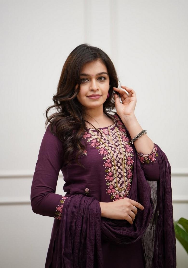 Wine Embroidery Silk Kurta Set - Indya