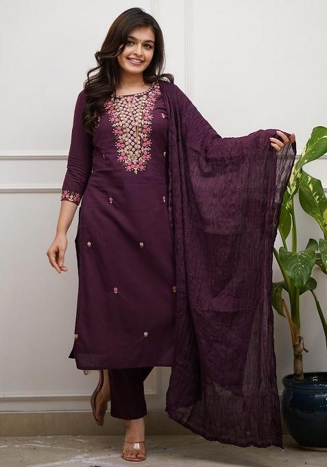 Wine Embroidery Silk Kurta Set