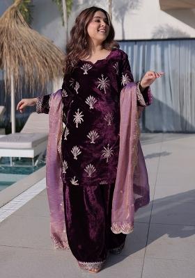 Wine Zari Work Velvet Kurta Set