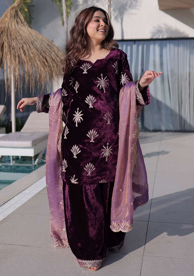 Wine Embroidered Velvet Punjabi Suit - Indya
