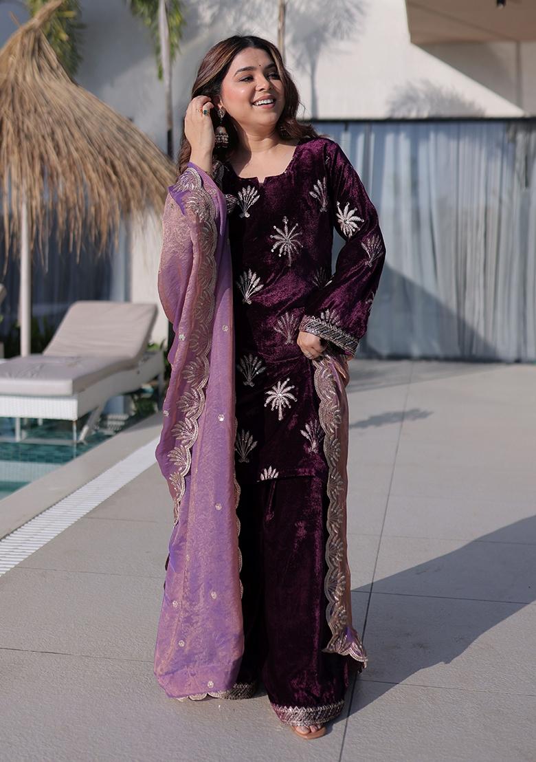 Wine Zari Work Velvet Kurta Set - Indya