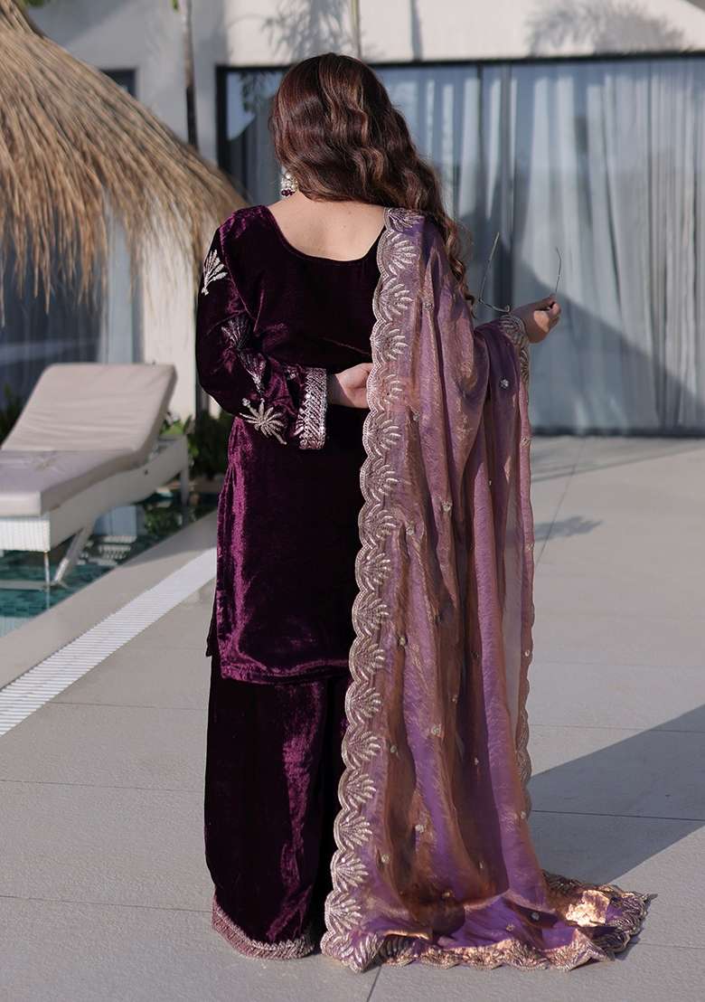 Wine Embroidered Velvet Punjabi Suit - Indya