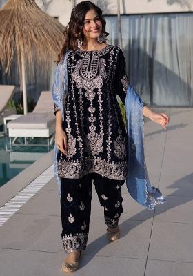 Blue Zari Work Velvet Kurta Set