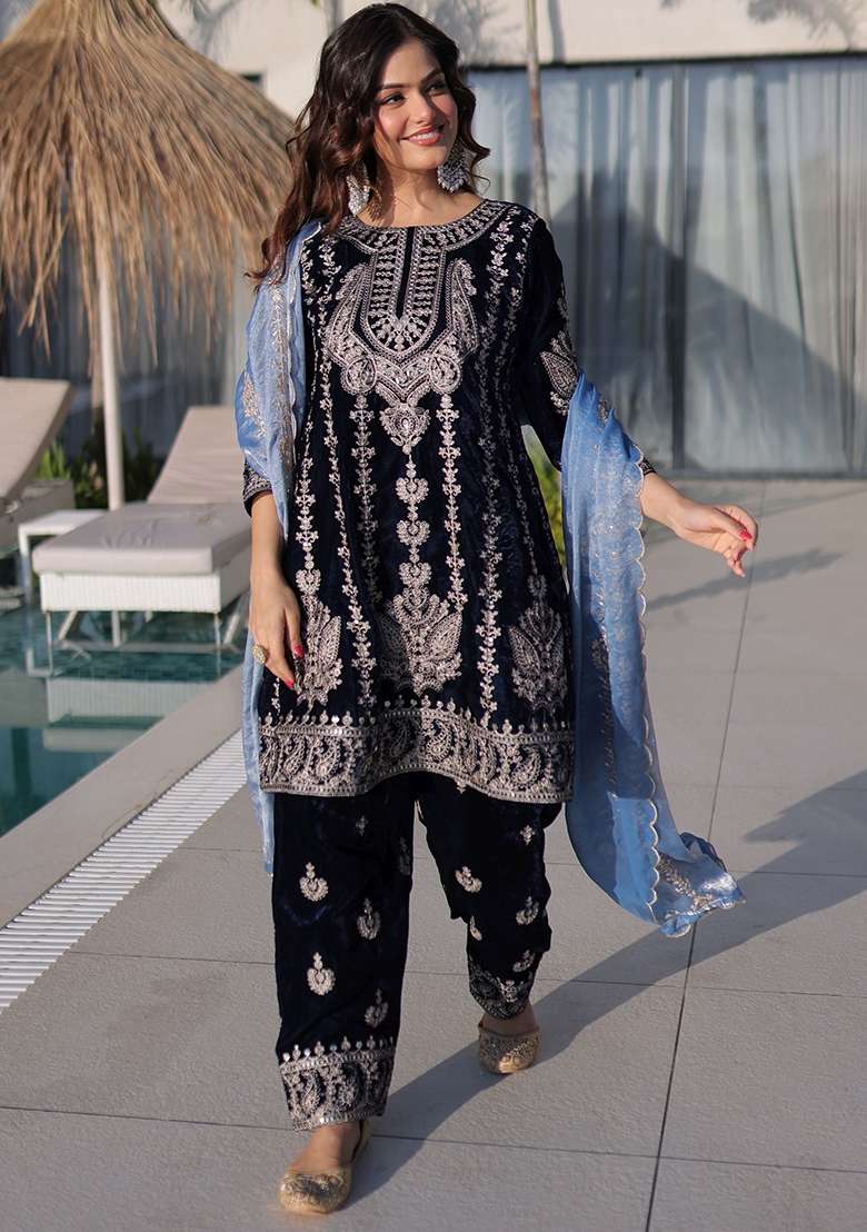 Blue Embroidered Velvet Punjabi Suit - Indya