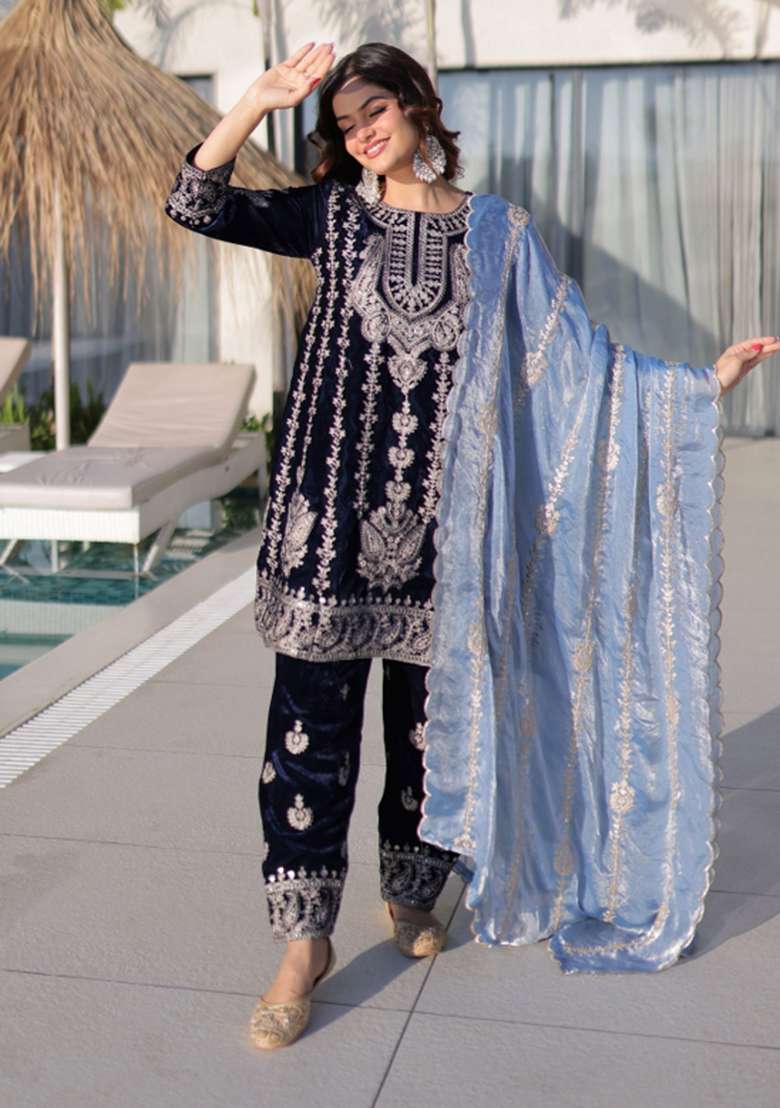 Blue Embroidered Velvet Punjabi Suit - Indya