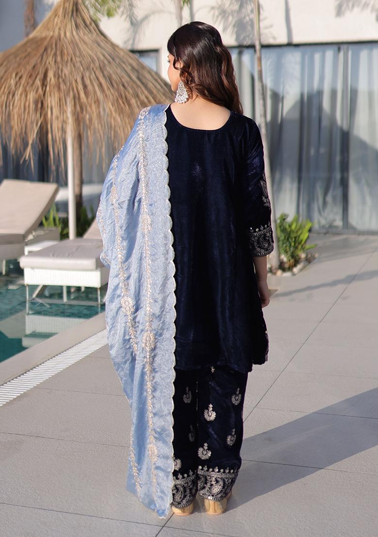 Blue Zari Work Velvet Kurta Set - Indya