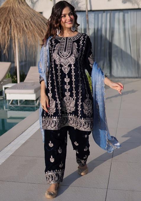 Blue Zari Work Velvet Kurta Set