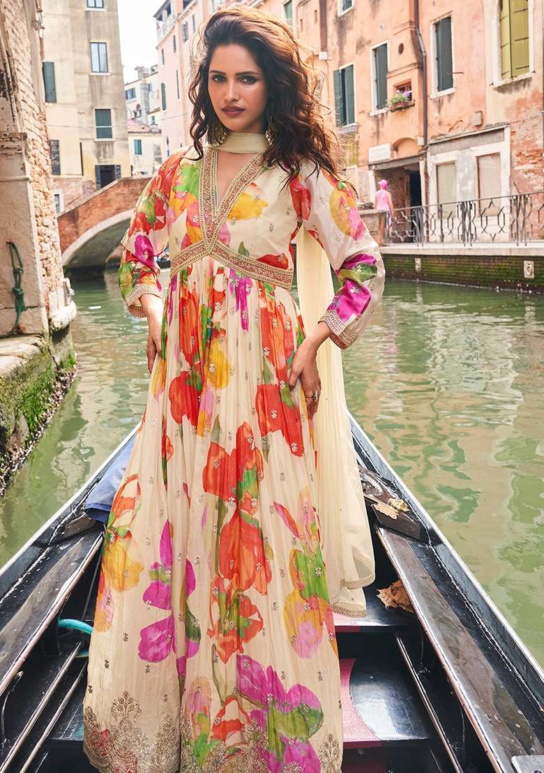 Peach Embroidered Chiffon Anarkali Set - Indya