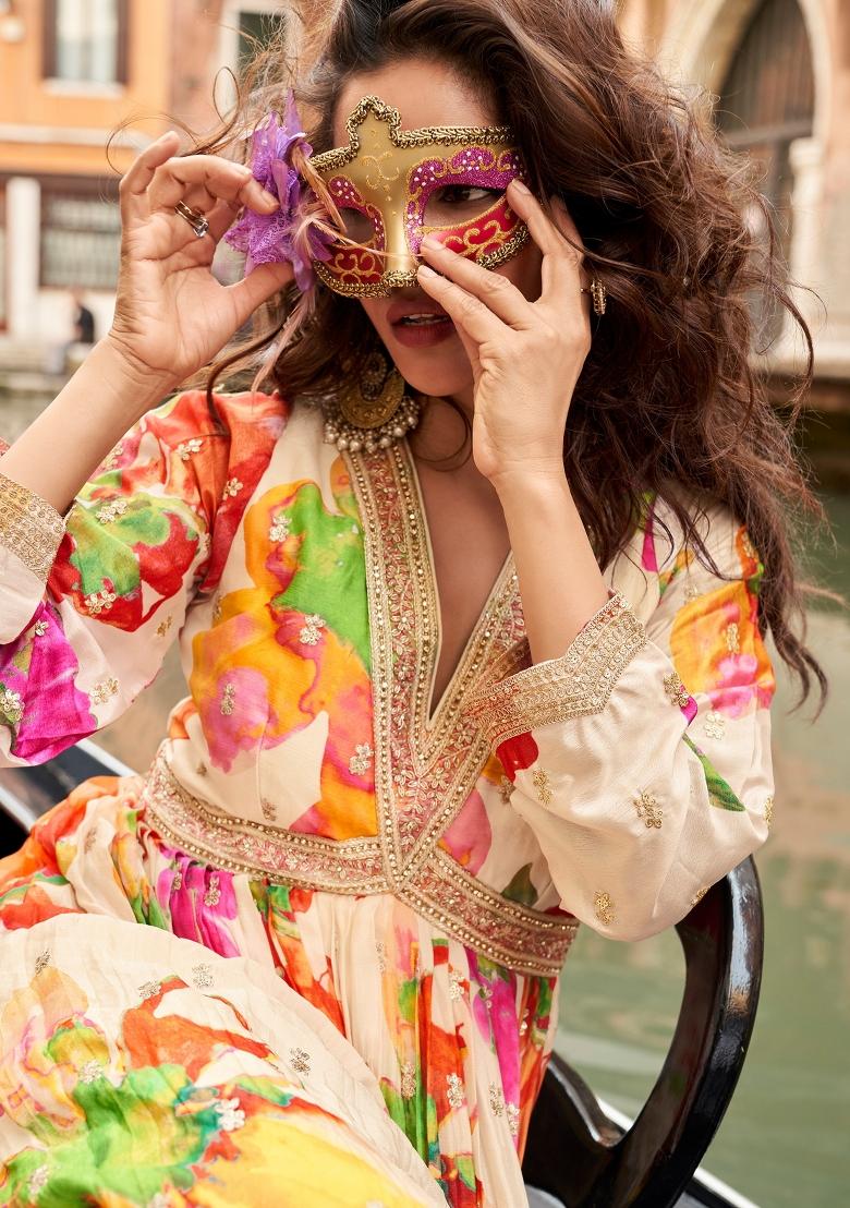 Peach Zari Work Chiffon Kurta With Dupatta - Indya