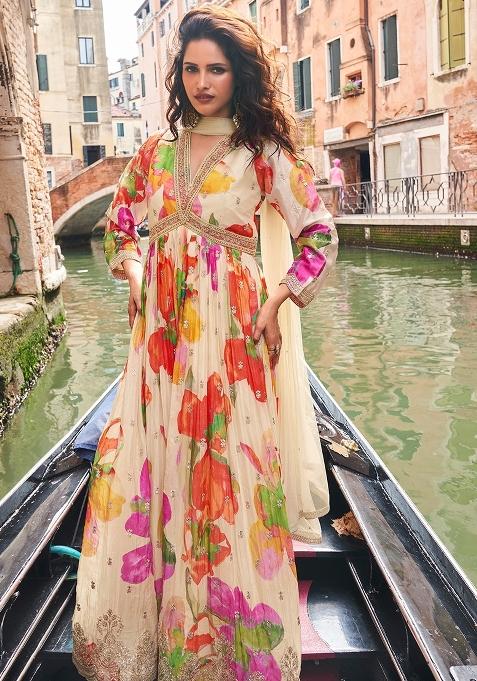 Peach Zari Work Chiffon Kurta With Dupatta