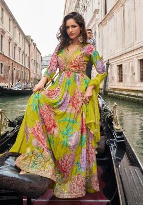 Lemon Zari Work Chiffon Kurta With Dupatta