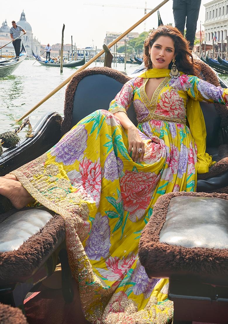 Lemon Zari Work Chiffon Kurta With Dupatta - Indya