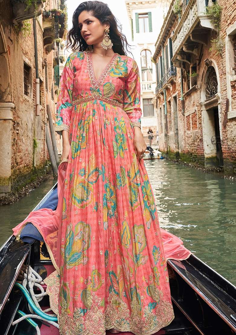 Pink Printed Chiffon Anarkali Set - Indya