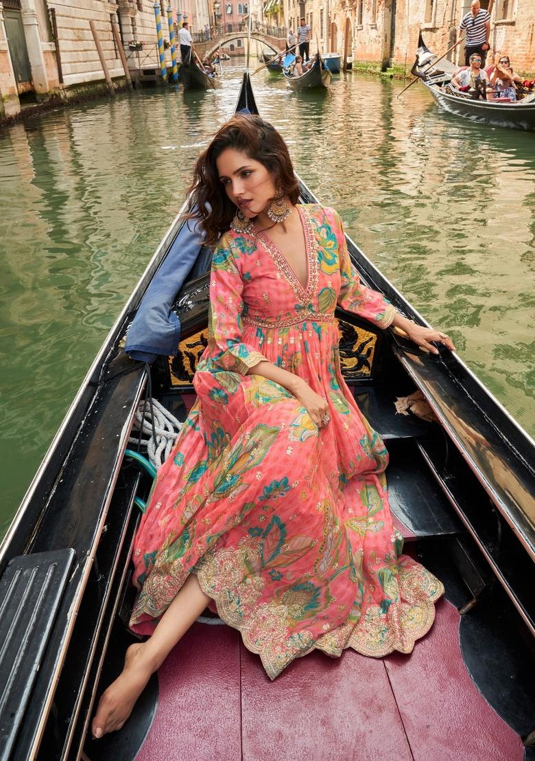 Pink Zari Work Chiffon Kurta With Dupatta - Indya