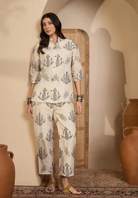 Beige Abstract Print Cotton Kurta Set