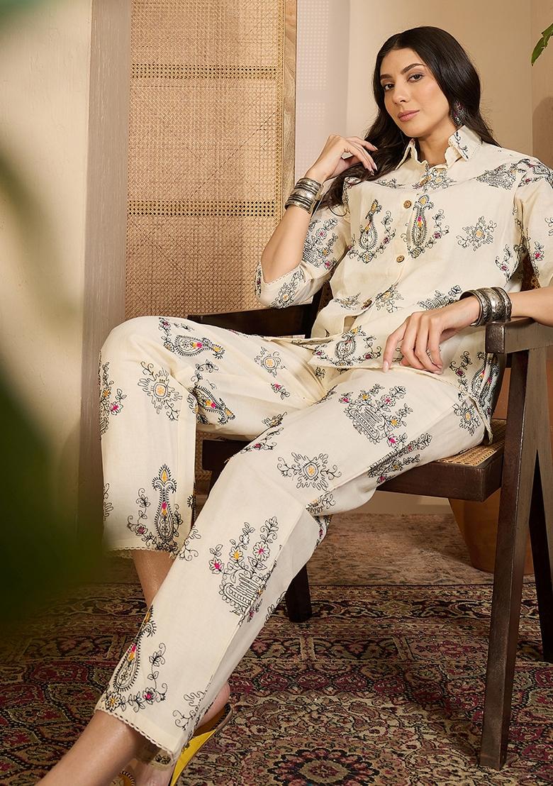 Beige Abstract Print Cotton Kurta Set - Indya