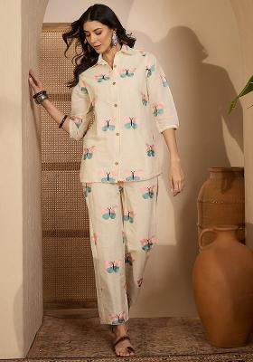 Beige Abstract Print Cotton Kurta Set