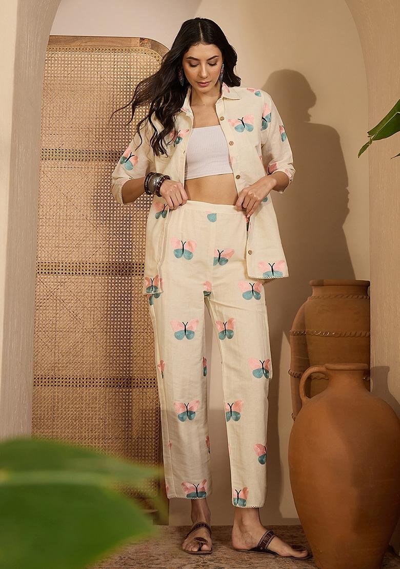 Beige Abstract Print Cotton Kurta Set - Indya