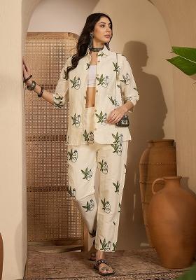 Beige Abstract Print Cotton Kurta Set