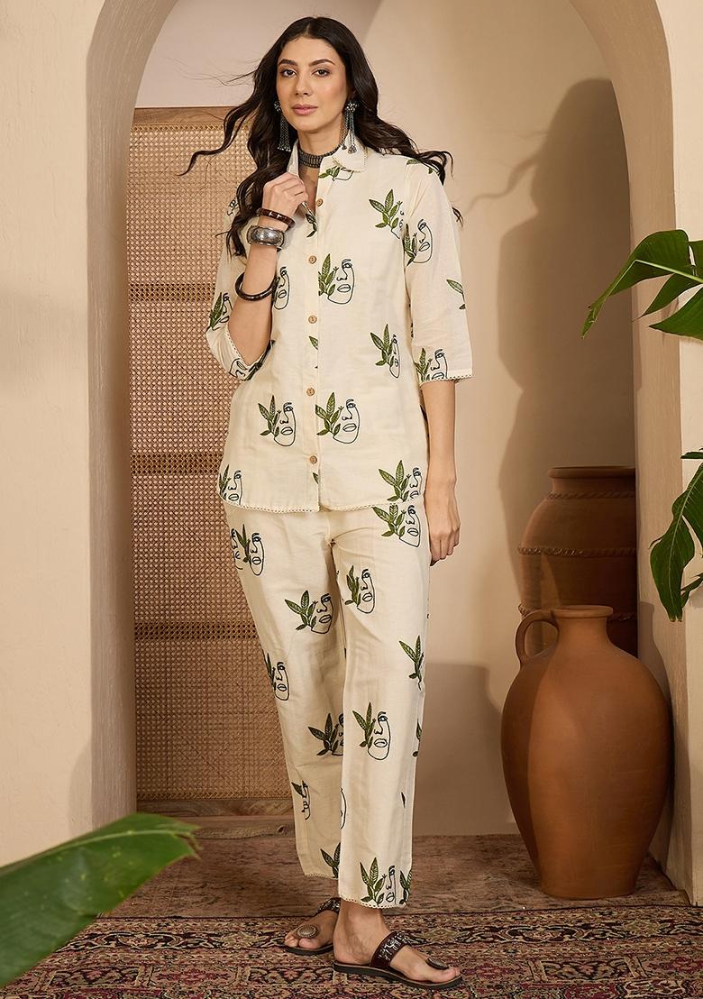 Beige Abstract Print Cotton Kurta Set - Indya