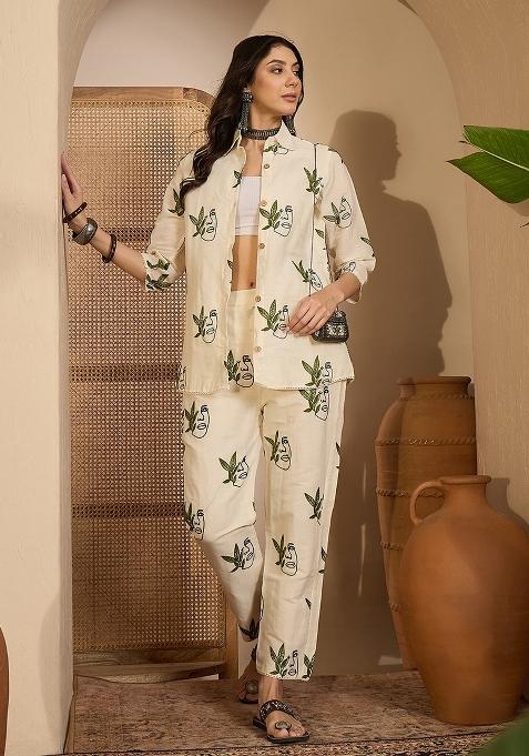 Beige Abstract Print Cotton Kurta Set