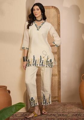 Beige Abstract Print Cotton Kurta Set