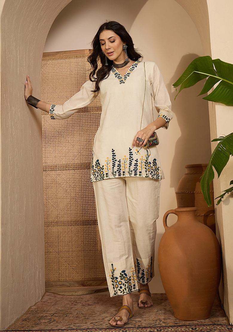 Beige Abstract Print Cotton Kurta Set - Indya