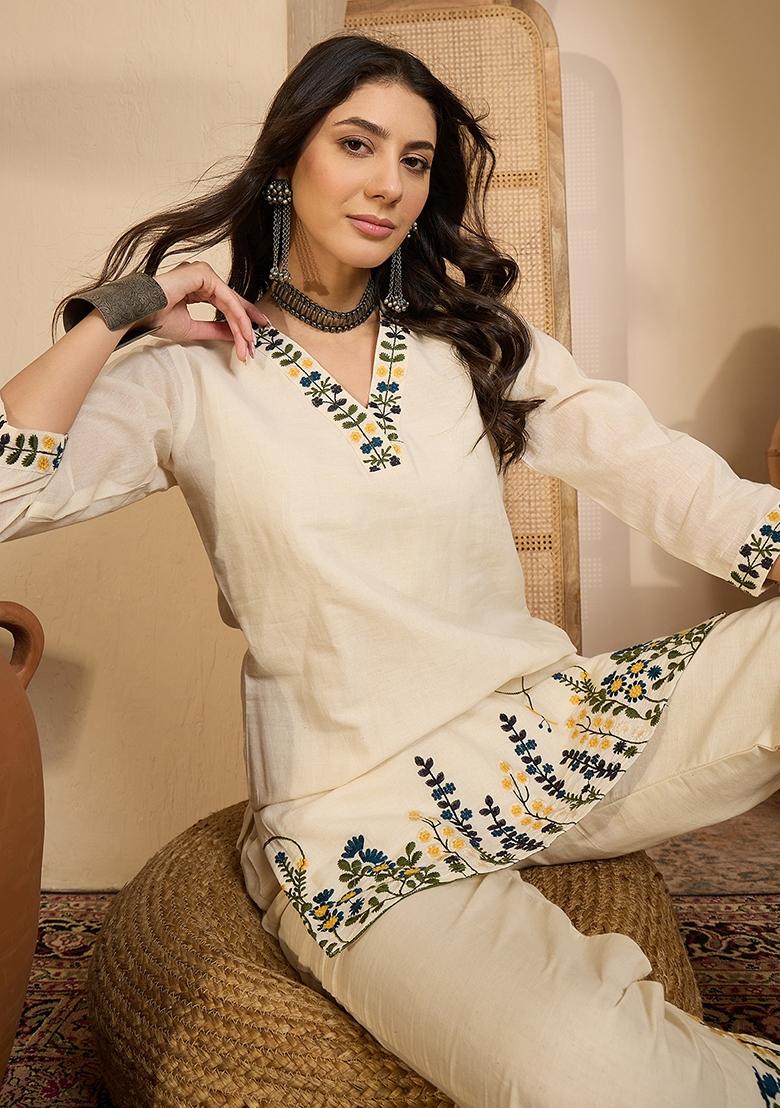 Beige Abstract Print Cotton Kurta Set - Indya