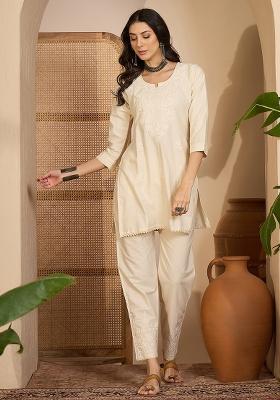 Beige Abstract Print Cotton Kurta Set