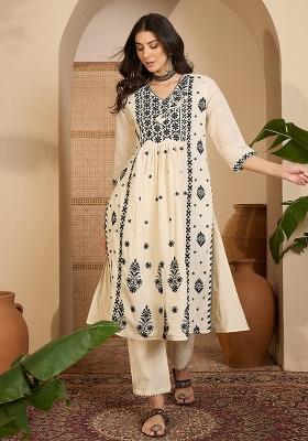 Beige Embroidery Cotton Kurta Set