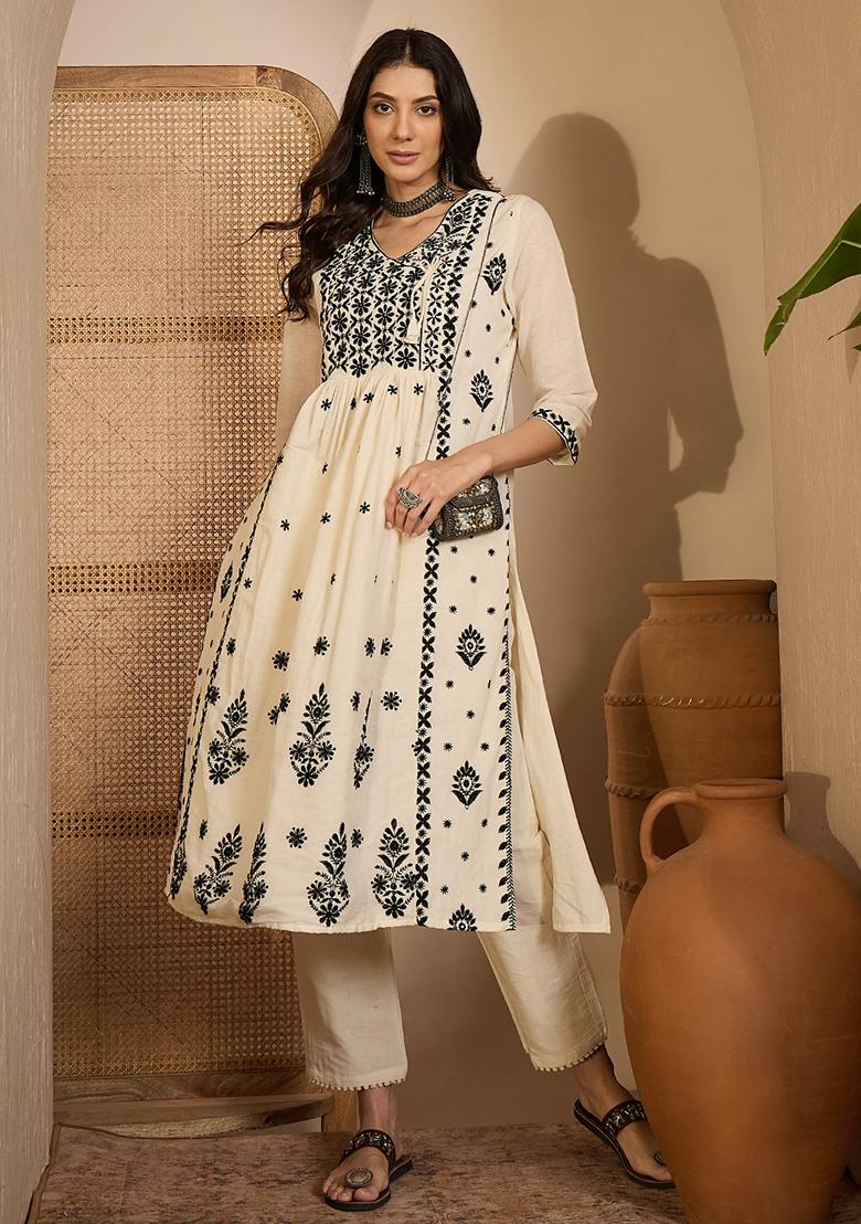 Beige Embroidery Cotton Kurta Set - Indya