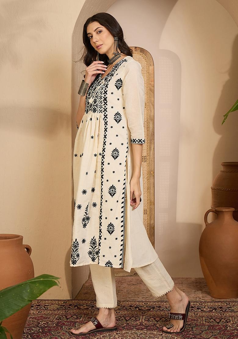 Beige Embroidery Cotton Kurta Set - Indya