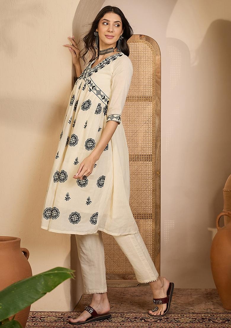 Beige Embroidery Cotton Kurta Set - Indya